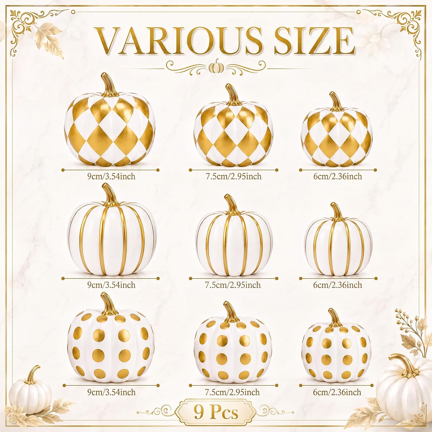 Aldernest 9 Pcs Fall Pumpkin Decor Gold Checkered Pumpkin Assorted Sizes, 8.8 ounces, White Gold