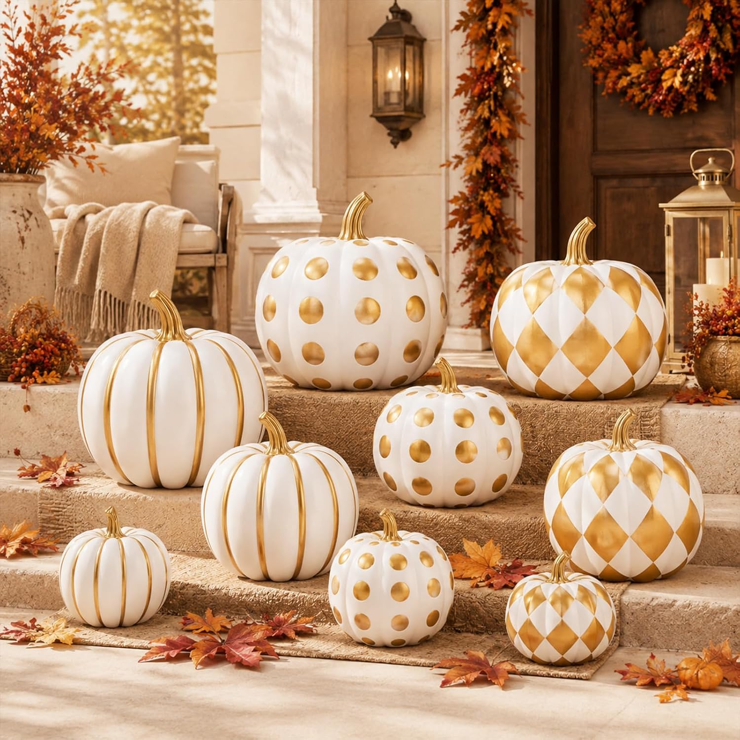 Aldernest 9 Pcs Fall Pumpkin Decor Gold Checkered Pumpkin Assorted Sizes, 8.8 ounces, White Gold