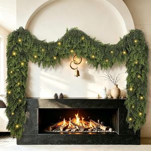 Aldernest 9Ft Real Touch Cedar Garland Christmas Garland with Lights, 1 Pcs, Green