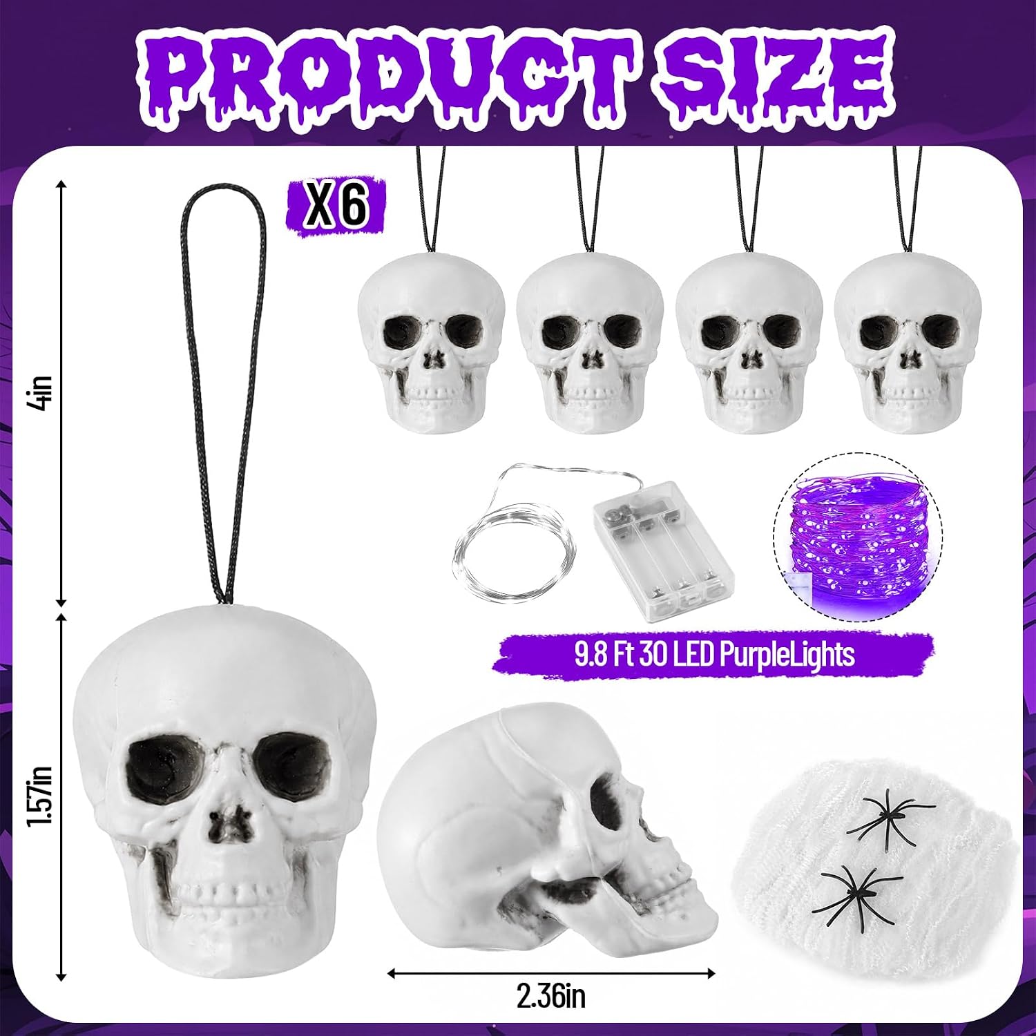 Aldernest 9 Pcs Halloween Tree Decor 5ft, Timer Lights, Skull Spider Web Black Tinsel