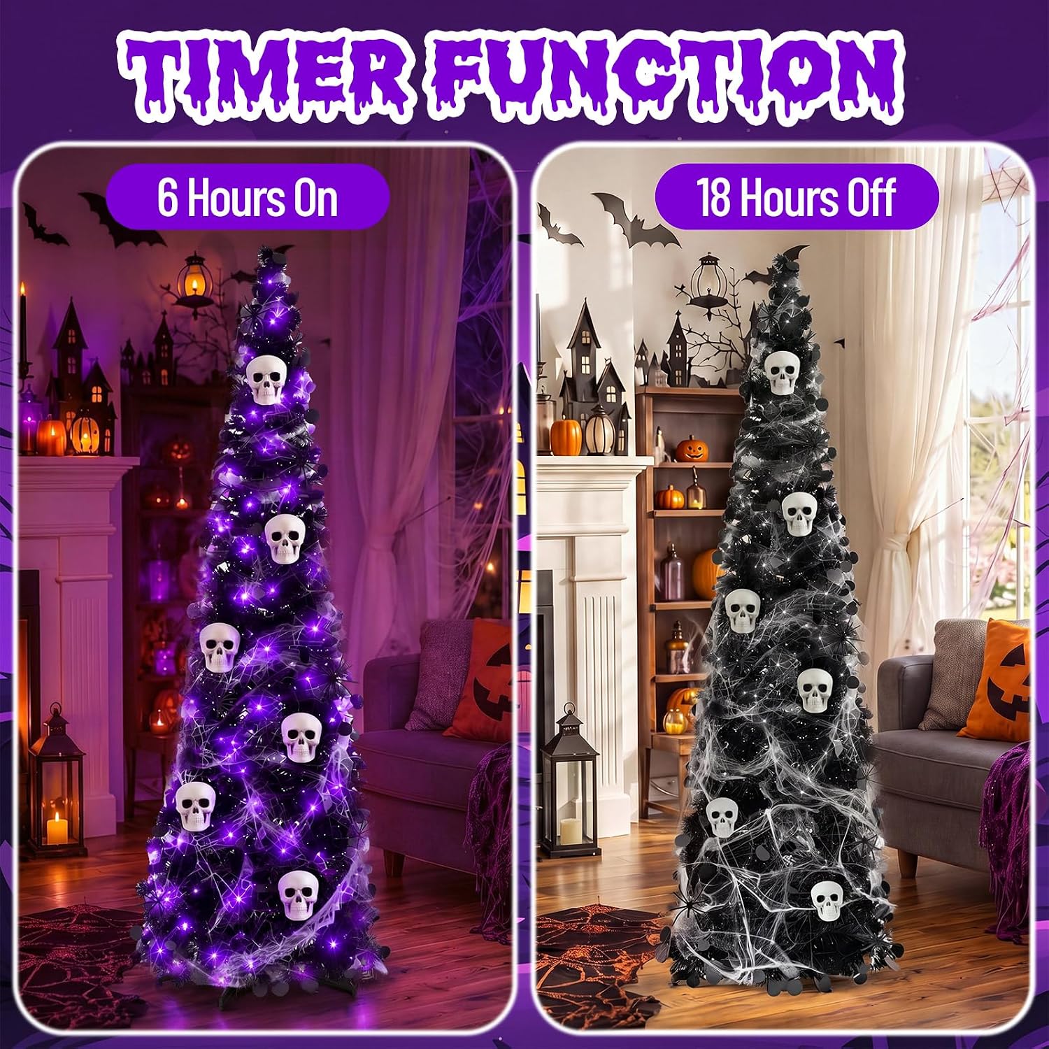 Aldernest 9 Pcs Halloween Tree Decor 5ft, Timer Lights, Skull Spider Web Black Tinsel