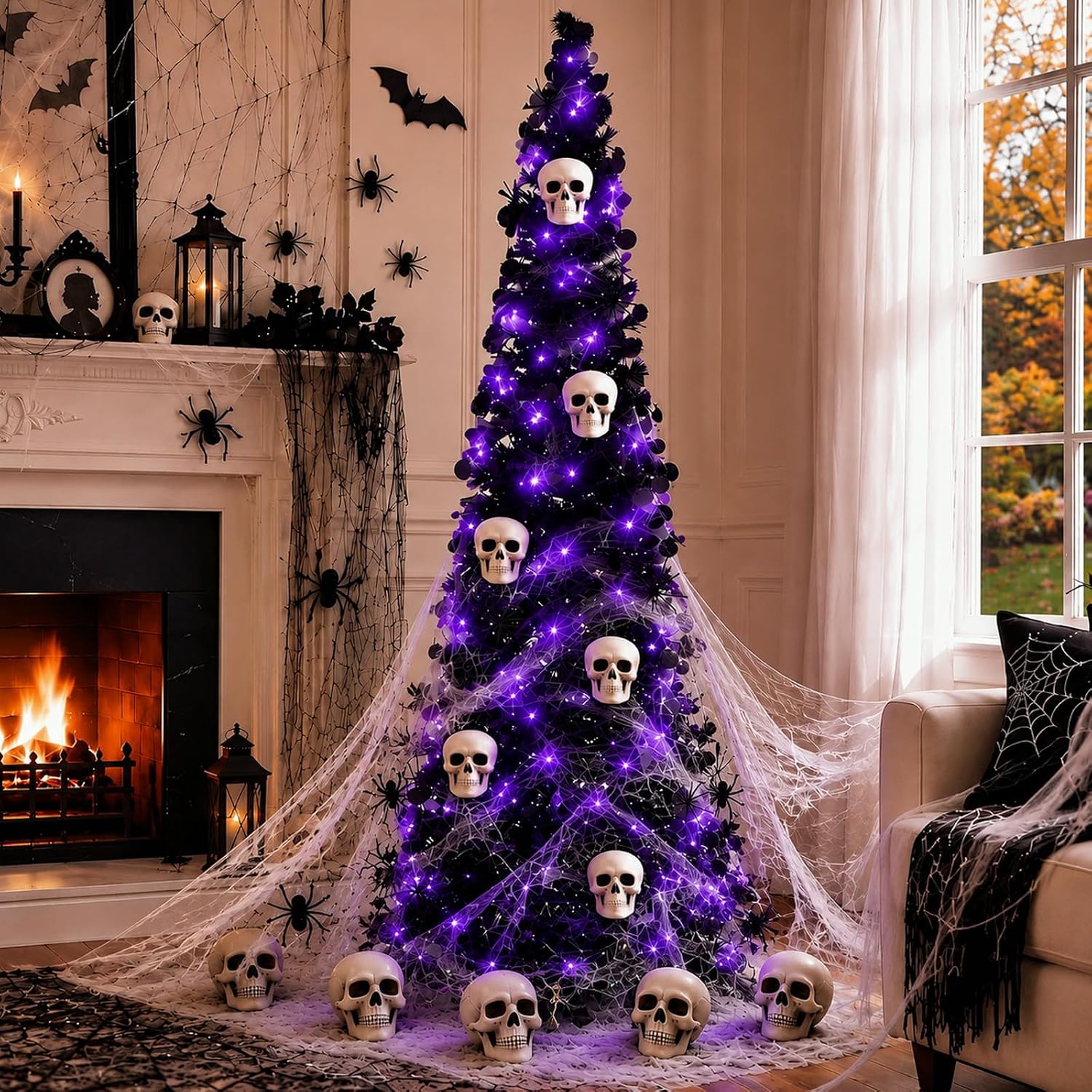 Aldernest 9 Pcs Halloween Tree Decor 5ft, Timer Lights, Skull Spider Web Black Tinsel