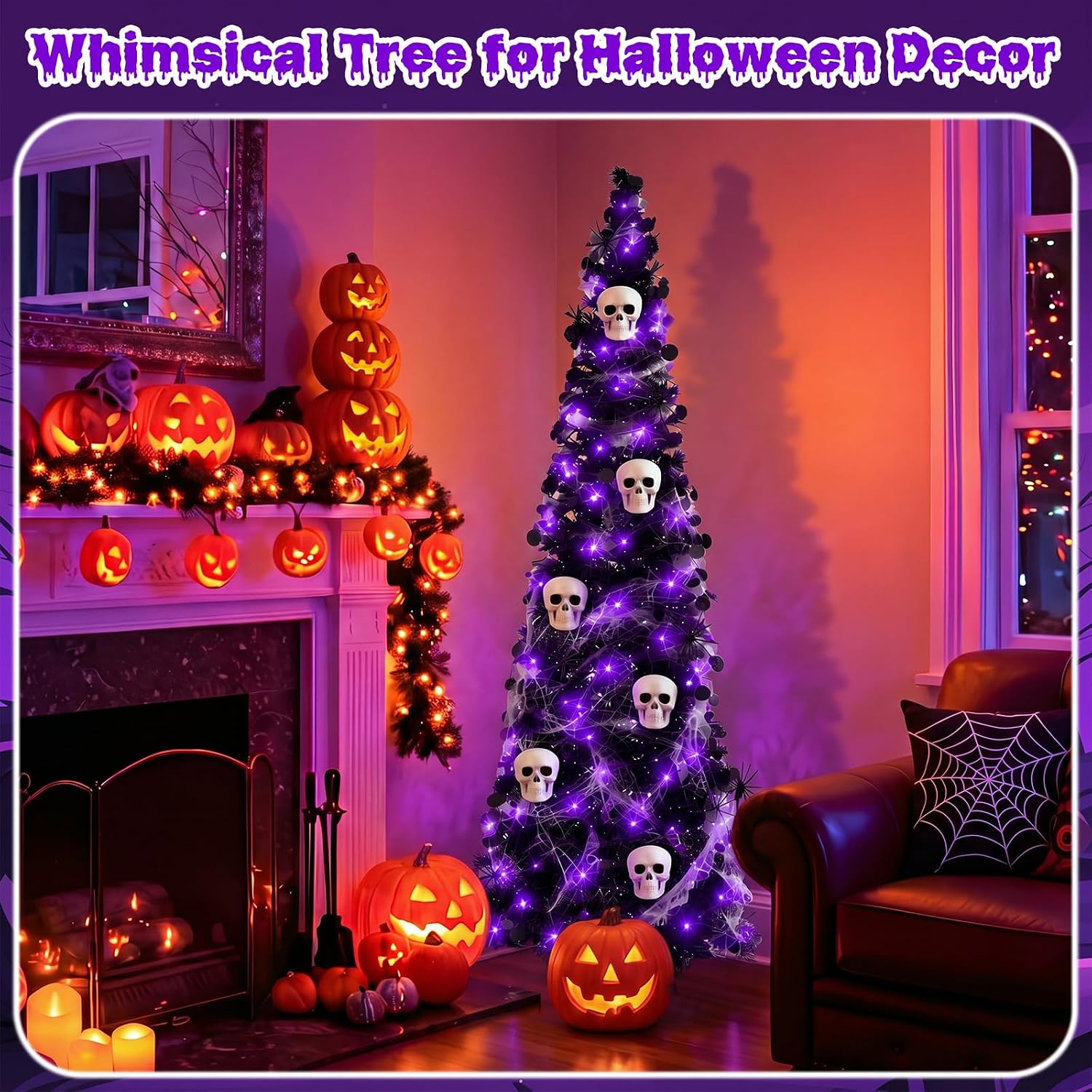 Aldernest 9 Pcs Halloween Tree Decor 5ft, Timer Lights, Skull Spider Web Black Tinsel