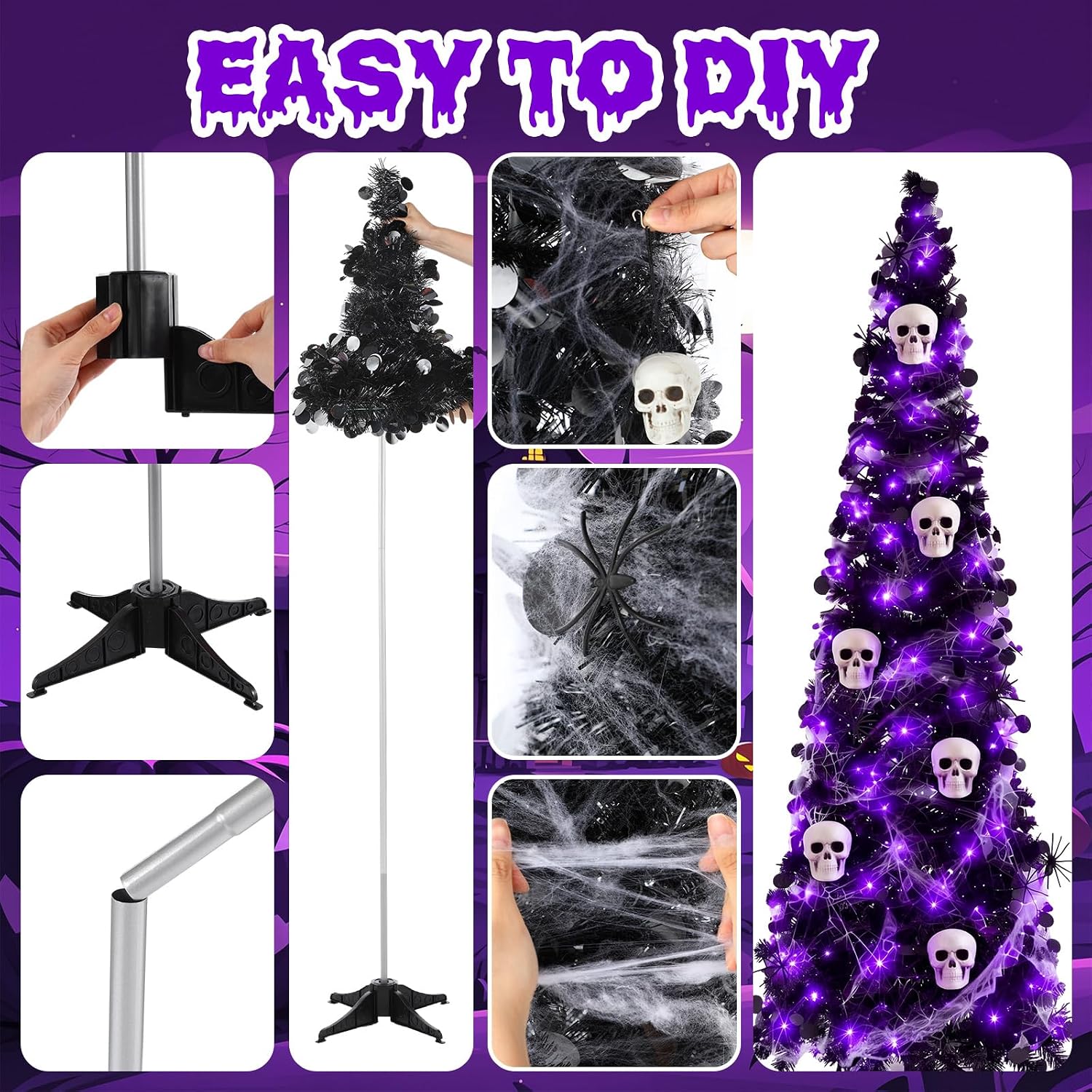 Aldernest 9 Pcs Halloween Tree Decor 5ft, Timer Lights, Skull Spider Web Black Tinsel