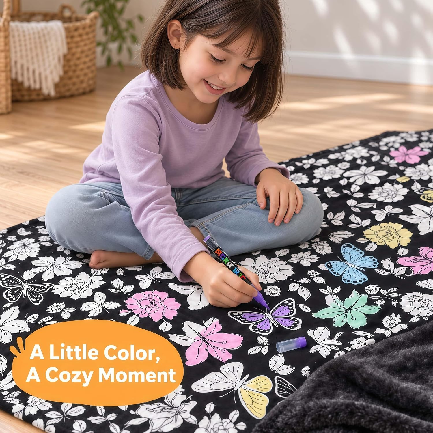 VelloHome Flower Coloring Blanket with Markers - 48"x56" Cozy Velvet Craft Kit, Black