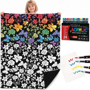VelloHome Flower Coloring Blanket with Markers - 48"x56" Cozy Velvet Craft Kit, Black