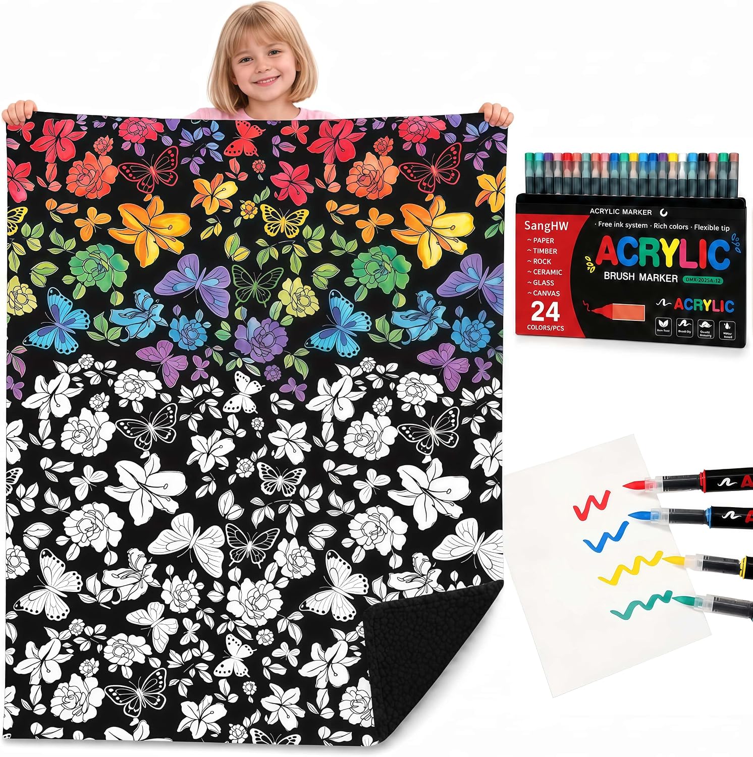 VelloHome Flower Coloring Blanket with Markers - 48"x56" Cozy Velvet Craft Kit, Black