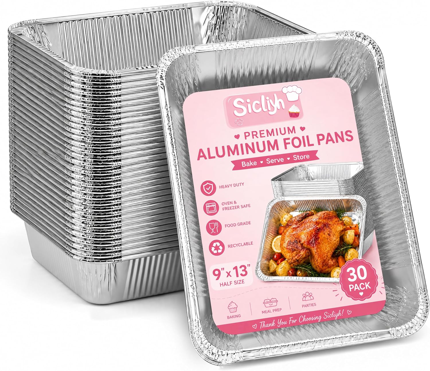 VelloHome 30 Pack 9x13 Aluminum Foil Pans - Silver Disposable Half Size Deep Baking Pans Heavy Duty Tin Foil Containers for Cooking, Roasting