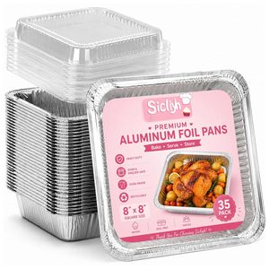 VelloHome 35 Pack 8x8 Aluminum Foil Pans with Lids - Silver Disposable Square Baking Pans Heavy Duty Tin Foil Containers for Cooking, Baking