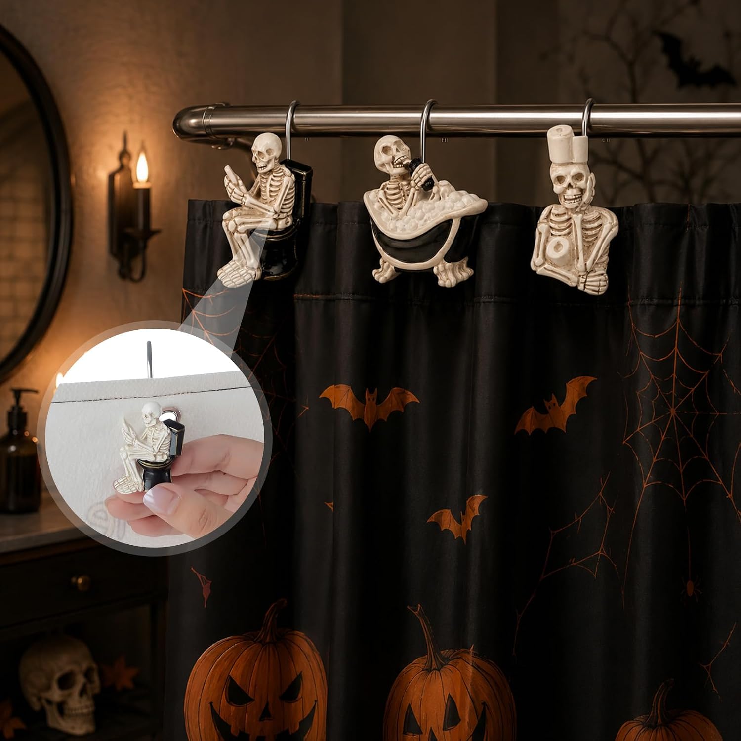 Aldernest 12Pcs Halloween Skeleton Shower Curtain Hooks for Bathroom Decor, White
