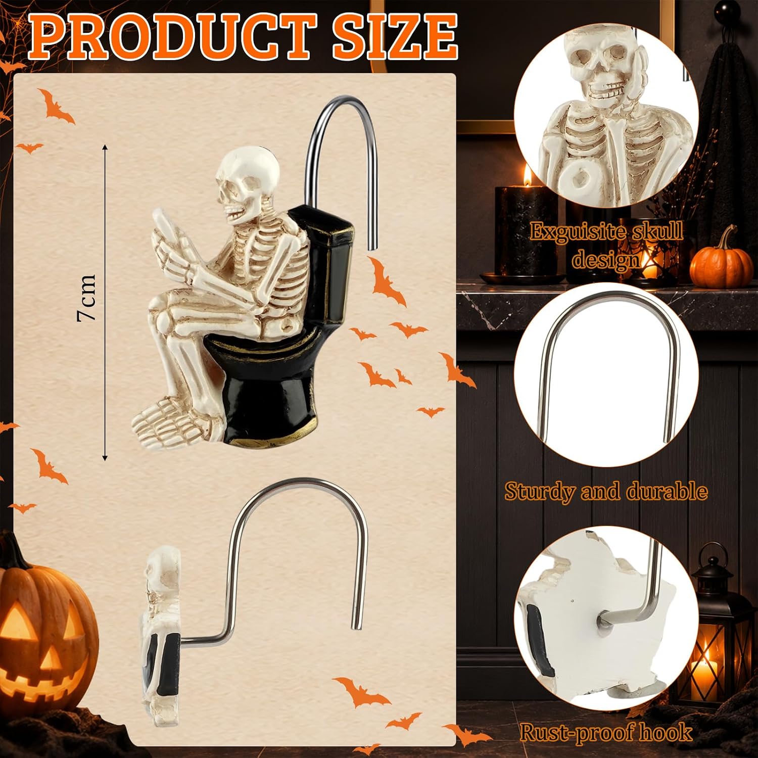 Aldernest 12Pcs Halloween Skeleton Shower Curtain Hooks for Bathroom Decor, White