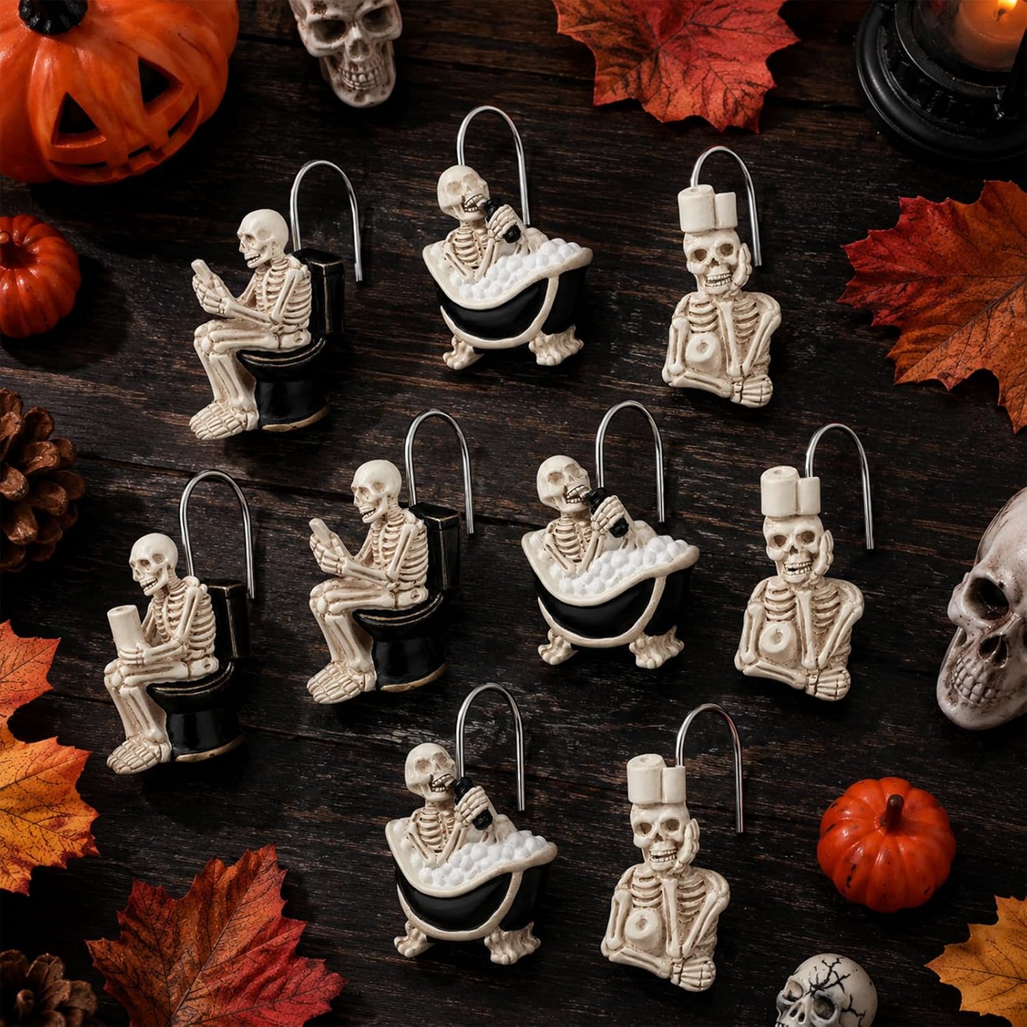 Aldernest 12Pcs Halloween Skeleton Shower Curtain Hooks for Bathroom Decor, White