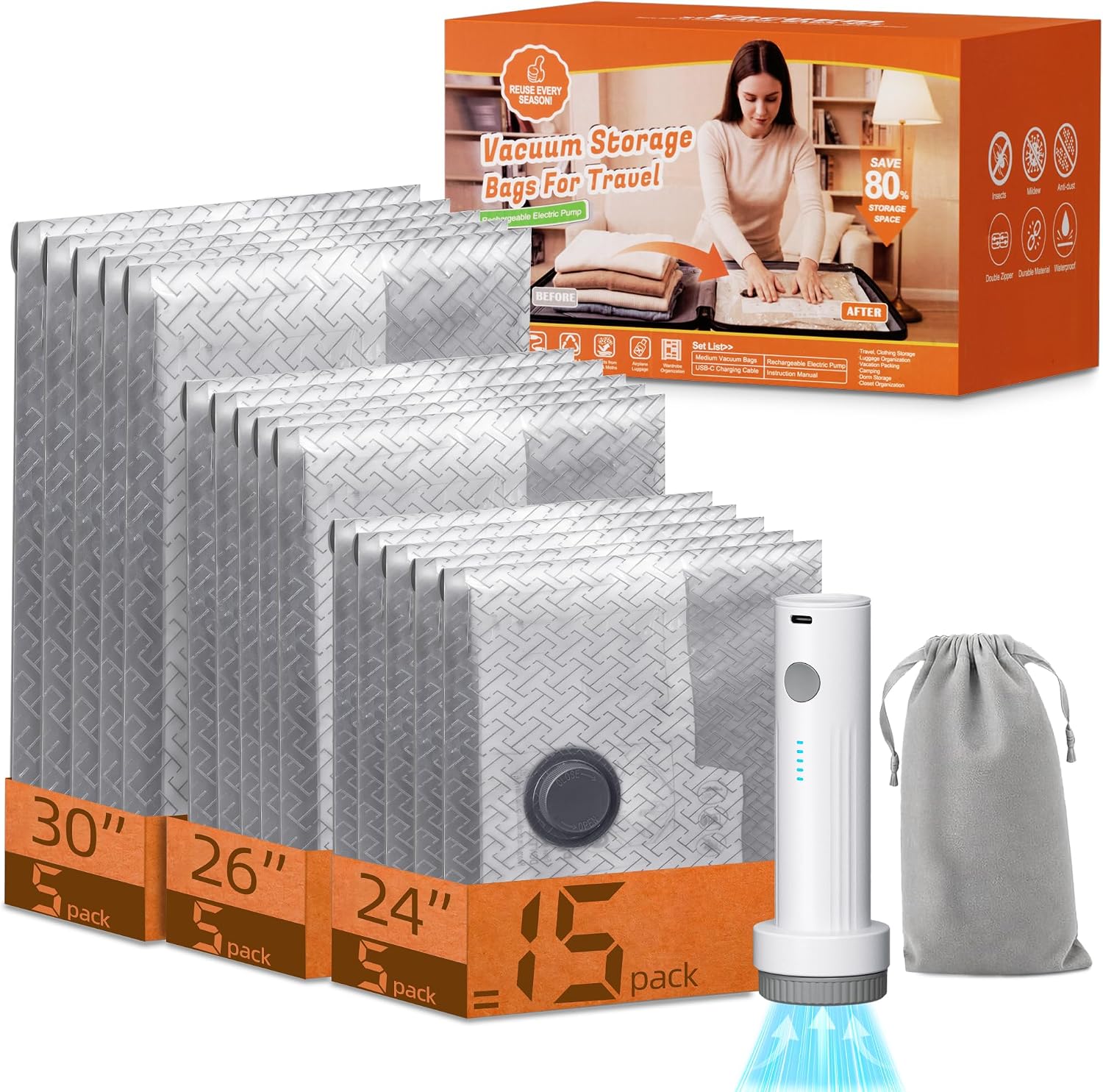 Aldernest Vacuum Storage Bags with Rechargeable Wireless Air Pump 15 Combo, White