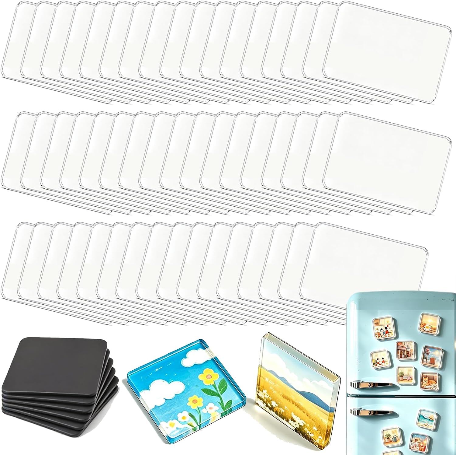 Ashenby 50Pcs Acrylic DIY Fridge Magnet Kit, Magnetic Refrigerator Picture Frames, Rectangle