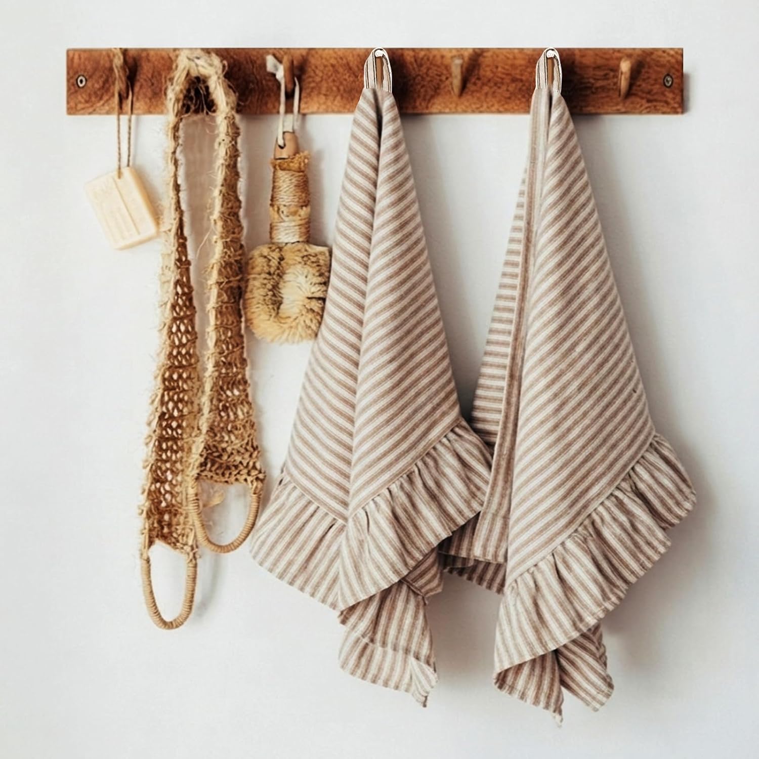 Aldernest Set of 2 Ruffled Ticking Stripe Kitchen Towels, Taupe, Farmhouse, One Size