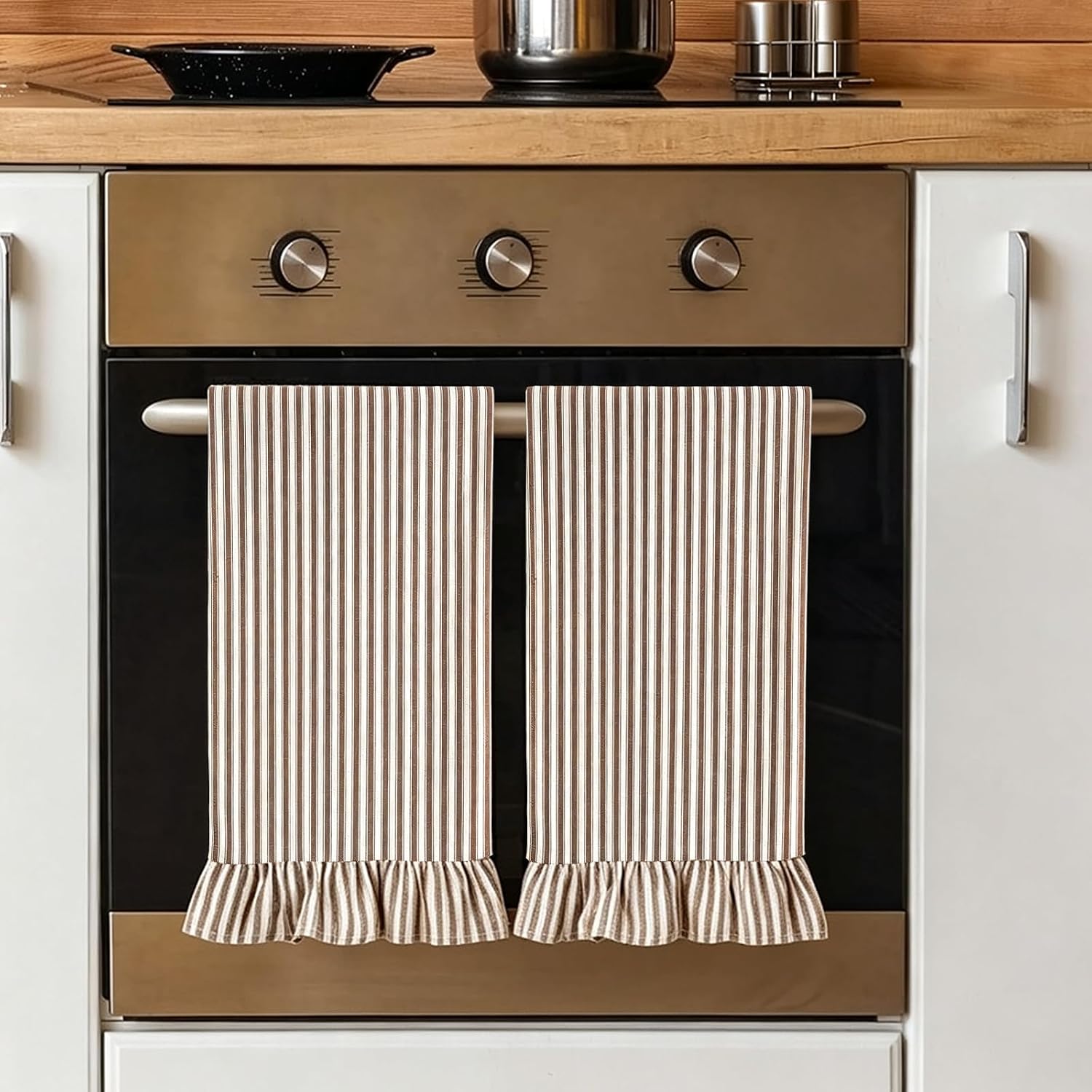 Aldernest Set of 2 Ruffled Ticking Stripe Kitchen Towels, Taupe, Farmhouse, One Size