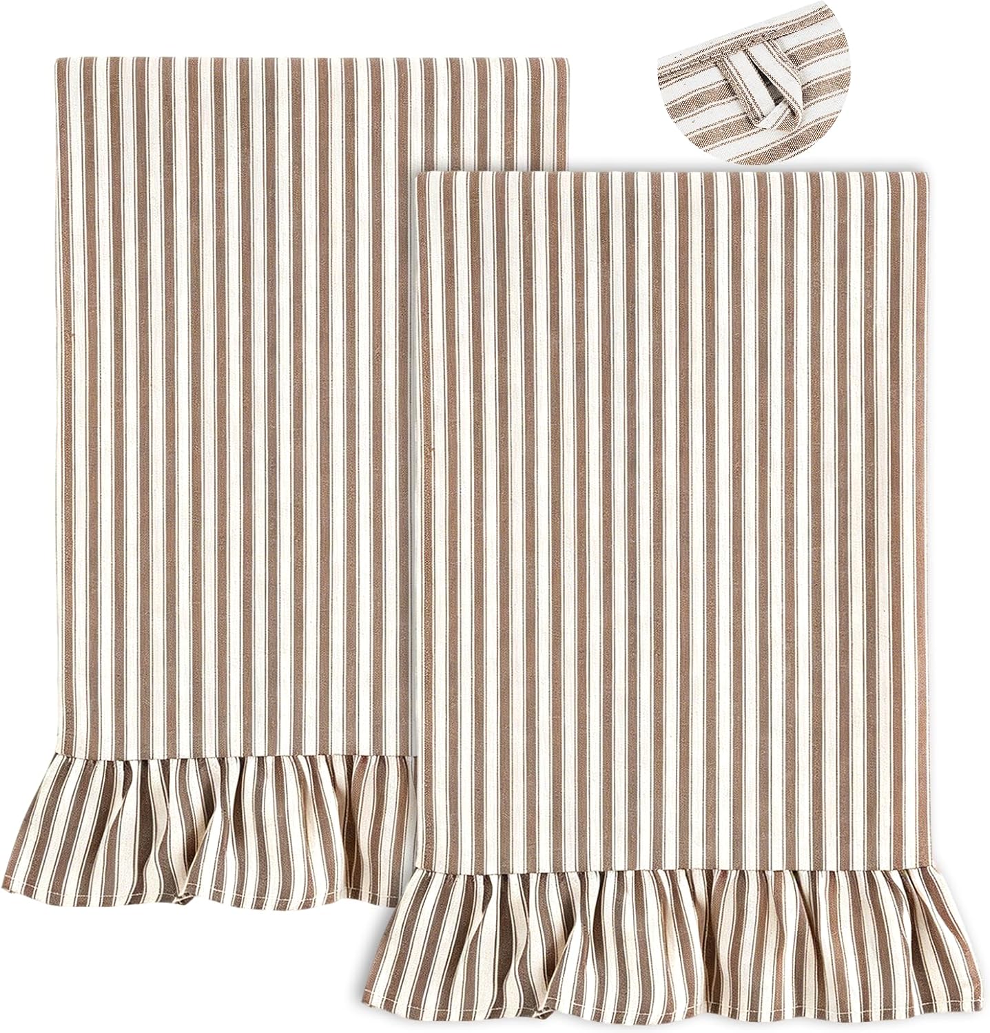 Aldernest Set of 2 Ruffled Ticking Stripe Kitchen Towels, Taupe, Farmhouse, One Size