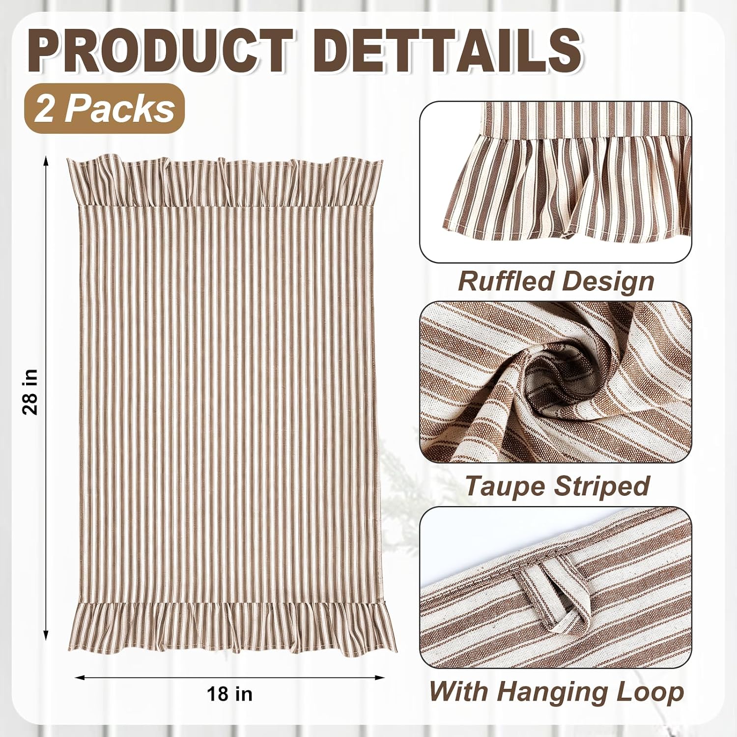 Aldernest Set of 2 Ruffled Ticking Stripe Kitchen Towels, Taupe, Farmhouse, One Size
