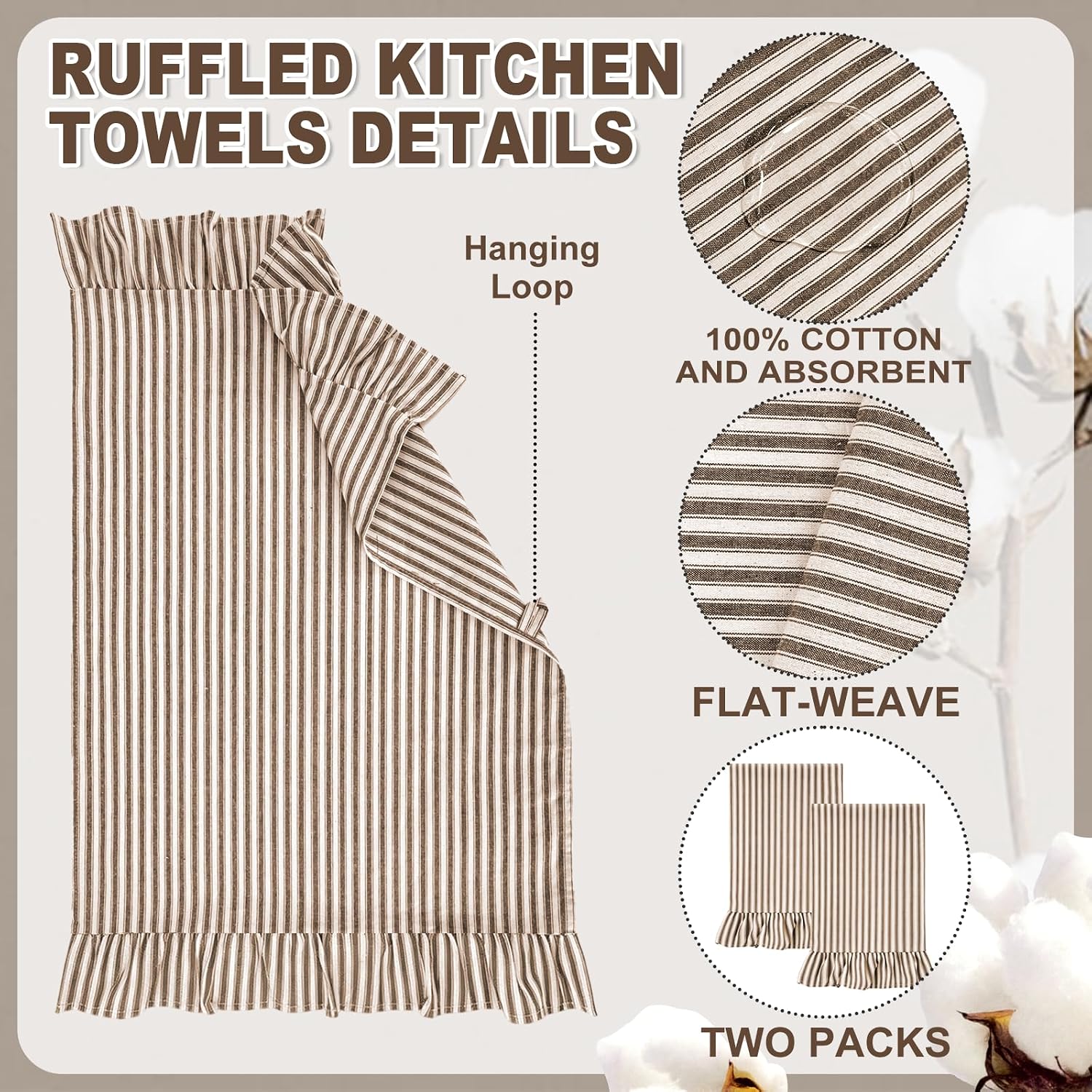 Aldernest Set of 2 Ruffled Ticking Stripe Kitchen Towels, Taupe, Farmhouse, One Size
