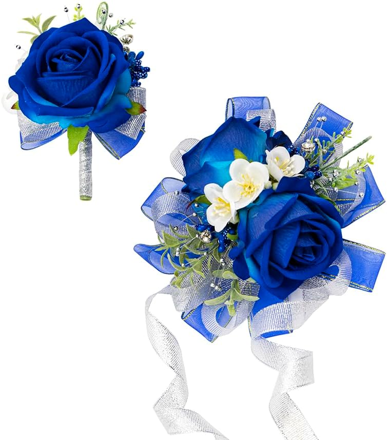 Barleyfield Royal Blue Corsage and Boutonniere Set Prom Homecoming Flower, 2.4 ounces