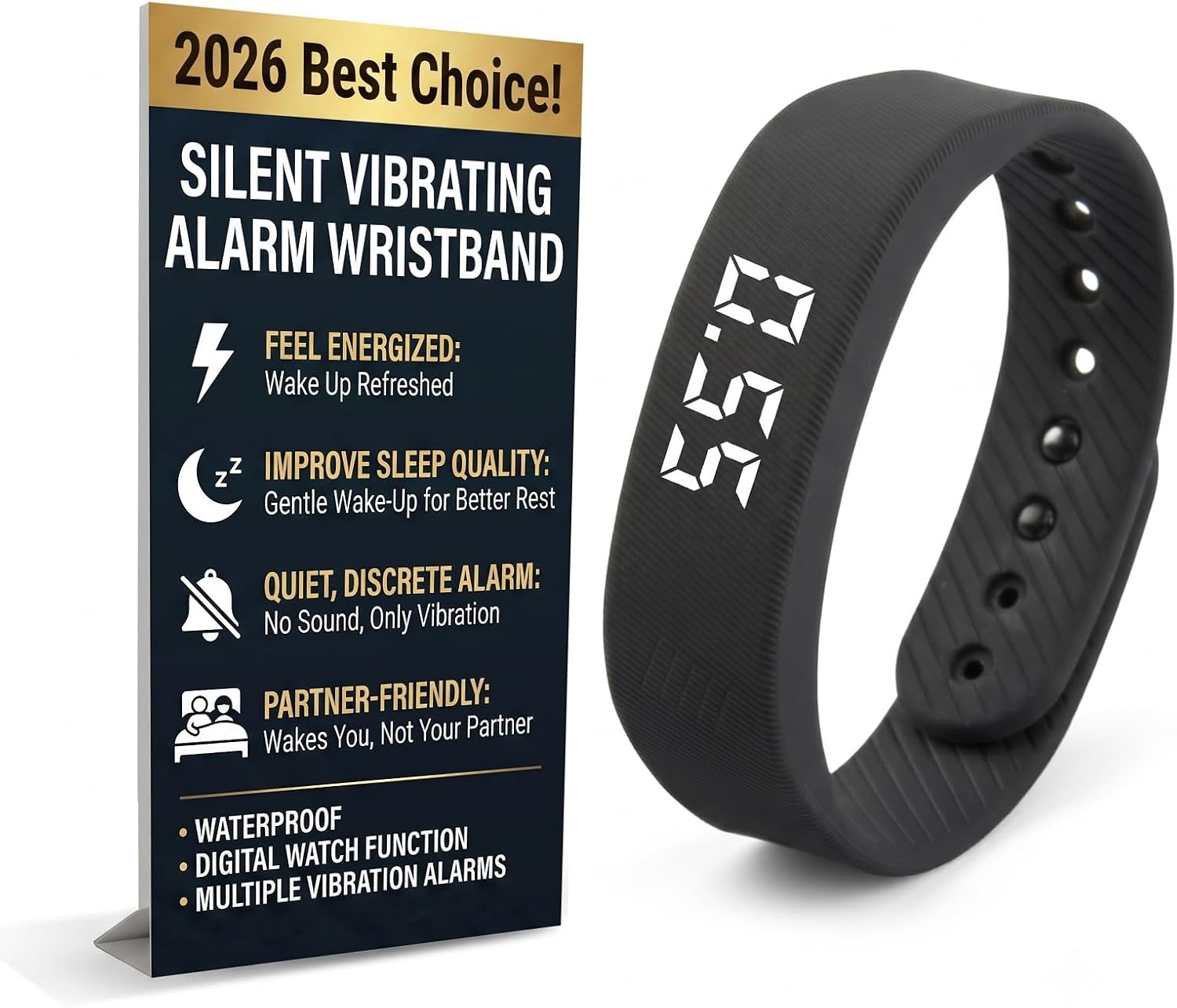 Aldernest Vibrating Alarm Wristband, Silent Alarm Clock for Heavy Sleepers, Black-b