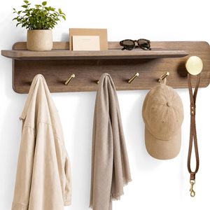DomiCasa Coat Rack Wall Mount with Shelf, Solid Wood, 5 Brass Hooks, Brown, 2 pounds