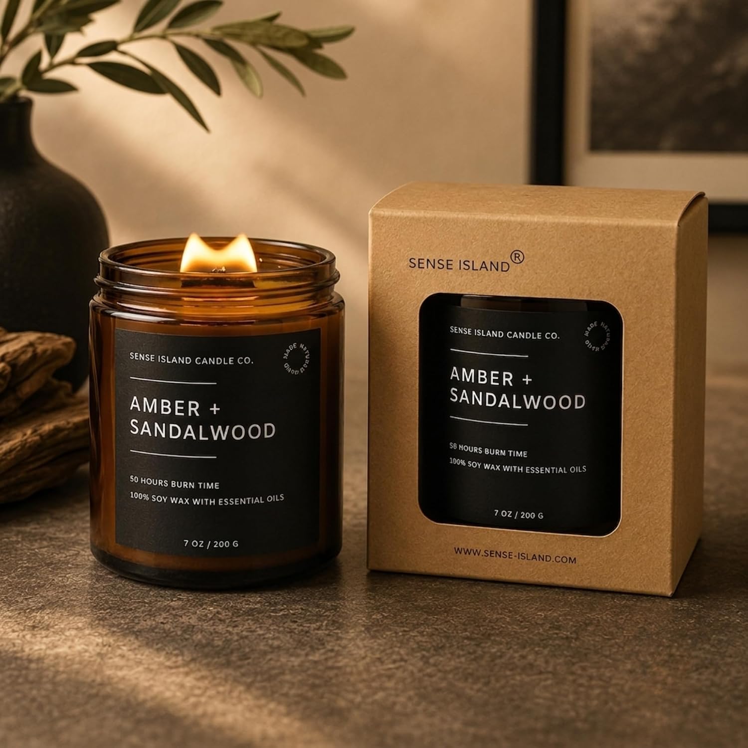 Tanglewick Amber Sandalwood Scented Candle with Crackling Wood Wick, Classic