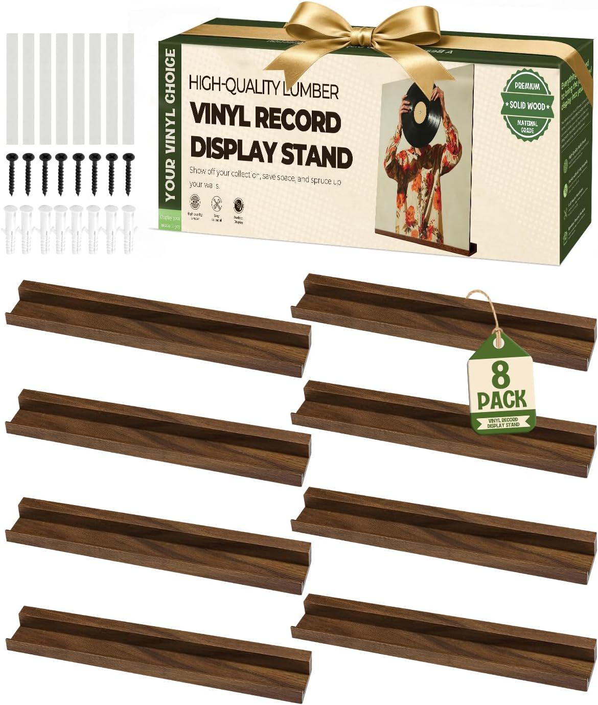 Quillstone 8 Pack Vinyl Record Shelf Wall Display Solid Wood Holder, 12.6 x 1.6 x 0.6 inches, Brown