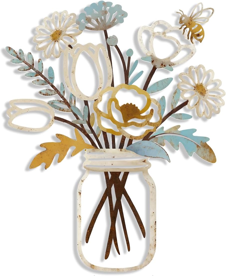 Rowanmere 1 Pieces Metal Flowers Wall Art Decor, Mason Jar