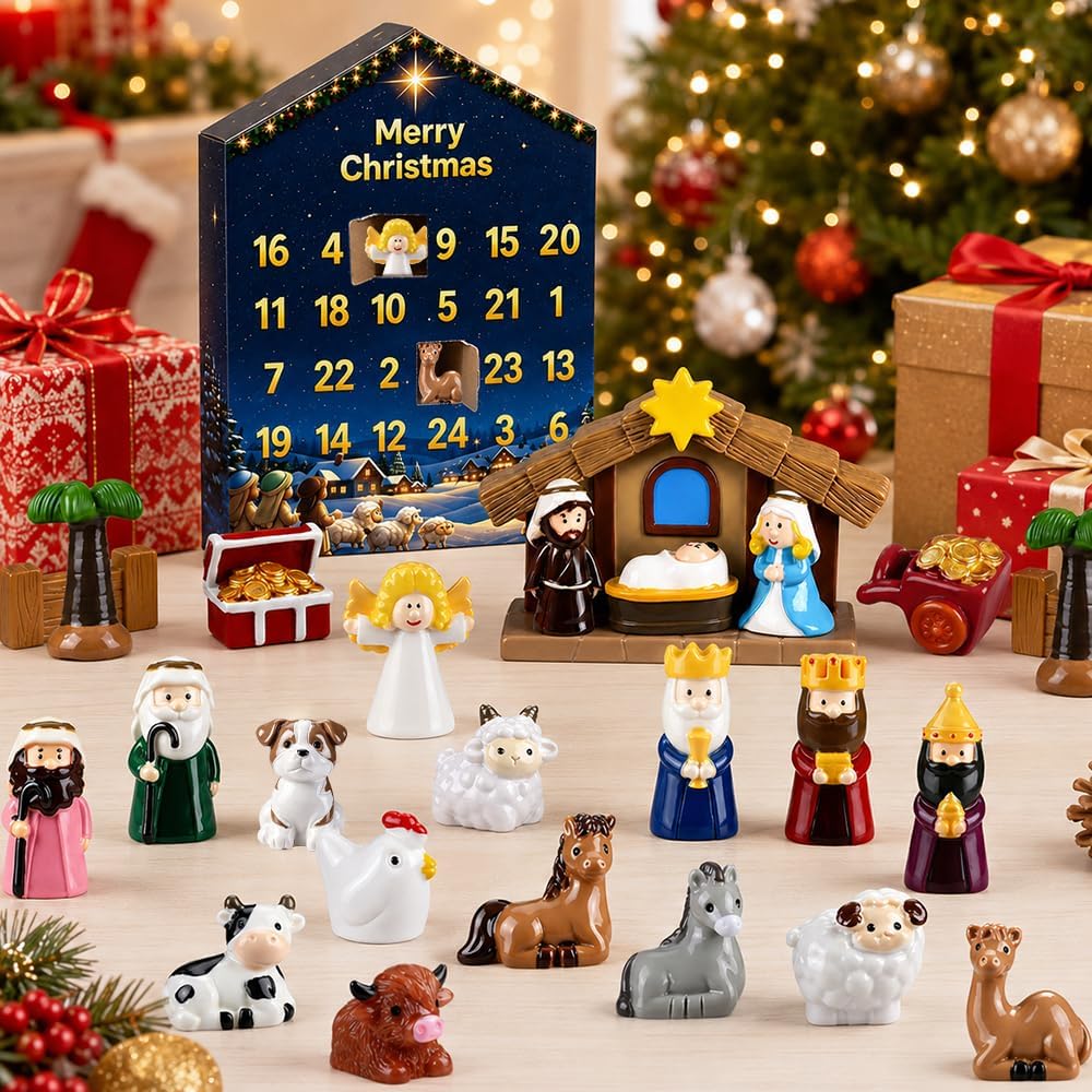 Aldernest Nativity Advent Calendar 2026 Resin Figures Jesus Birth Nativity Scene Set
