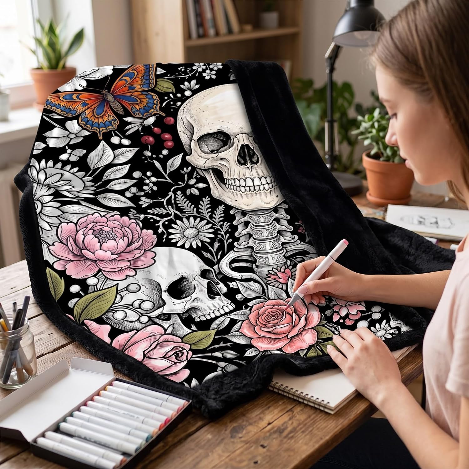 VelloHome Color Your Skull Blanket - Gothic Floral Skeleton Doodle Throw Blanket, Diy Skull