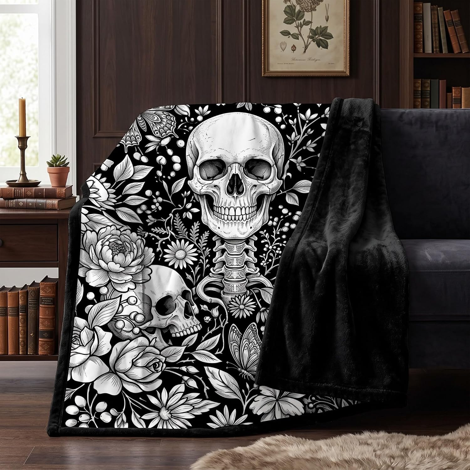 VelloHome Color Your Skull Blanket - Gothic Floral Skeleton Doodle Throw Blanket, Diy Skull