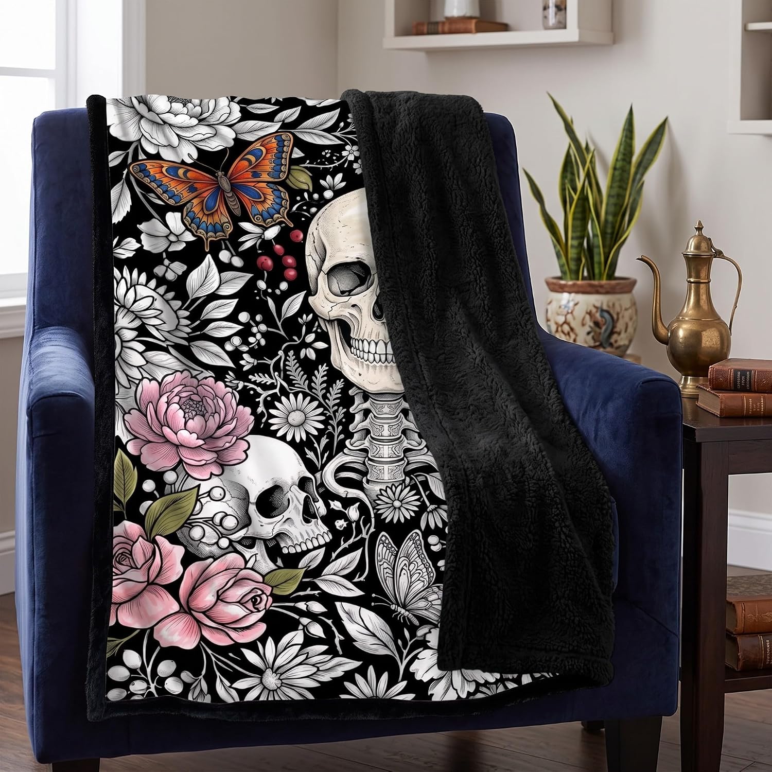 VelloHome Color Your Skull Blanket - Gothic Floral Skeleton Doodle Throw Blanket, Diy Skull