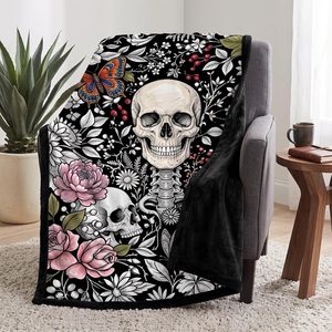 VelloHome Color Your Skull Blanket - Gothic Floral Skeleton Doodle Throw Blanket, Diy Skull