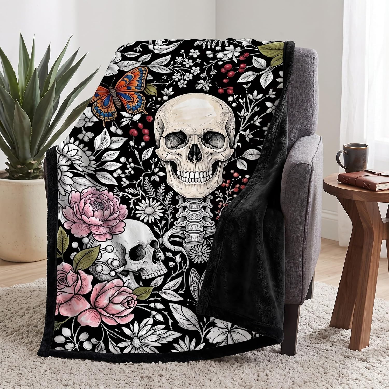 VelloHome Color Your Skull Blanket - Gothic Floral Skeleton Doodle Throw Blanket, Diy Skull