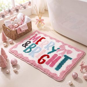 Aldernest Christmas Pink Merry & Bright Bath Mat Cute Bow 16 x 24 Inch, 1.1 pounds