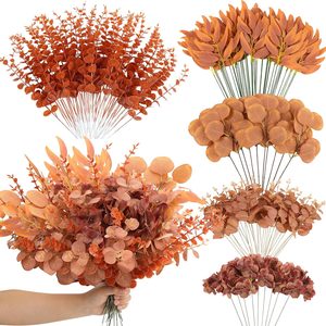 Barleyfield 150 Pcs Artificial Fall Eucalyptus Stems with Hydrangea Heads, Orange