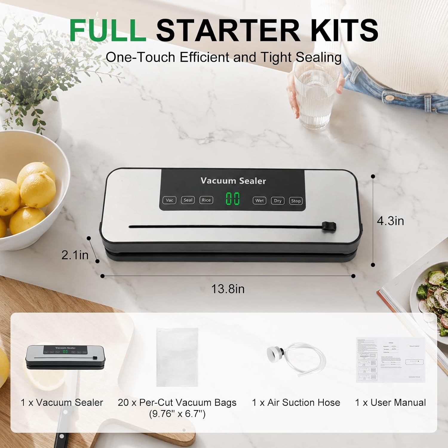 Aldernest Vacuum Sealer Machine for Food, Automatic Compact with Bag Cutter, 1.4 pounds, Black Grey