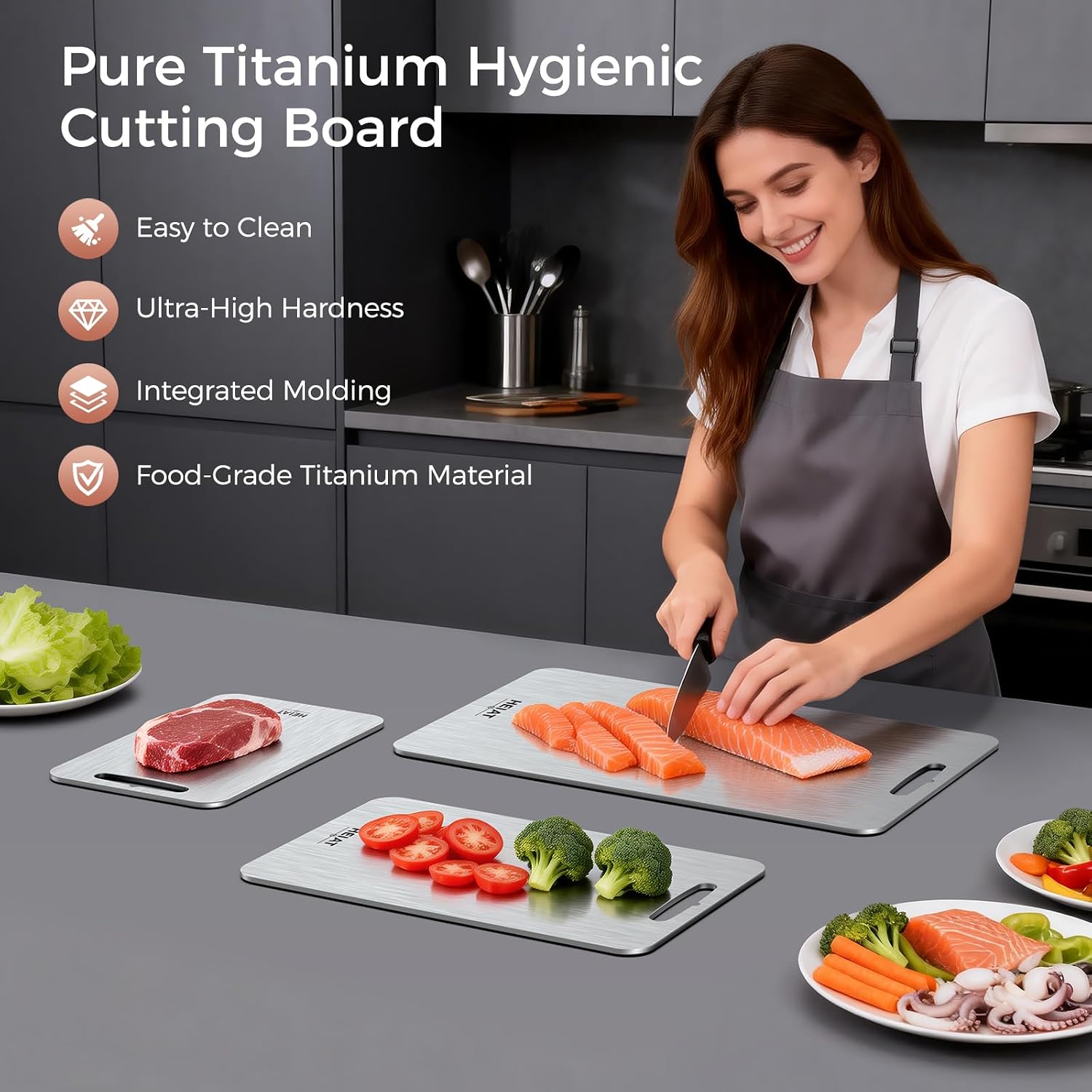 Aldernest Titanium Cutting Board 3-Piece Set, Silver
