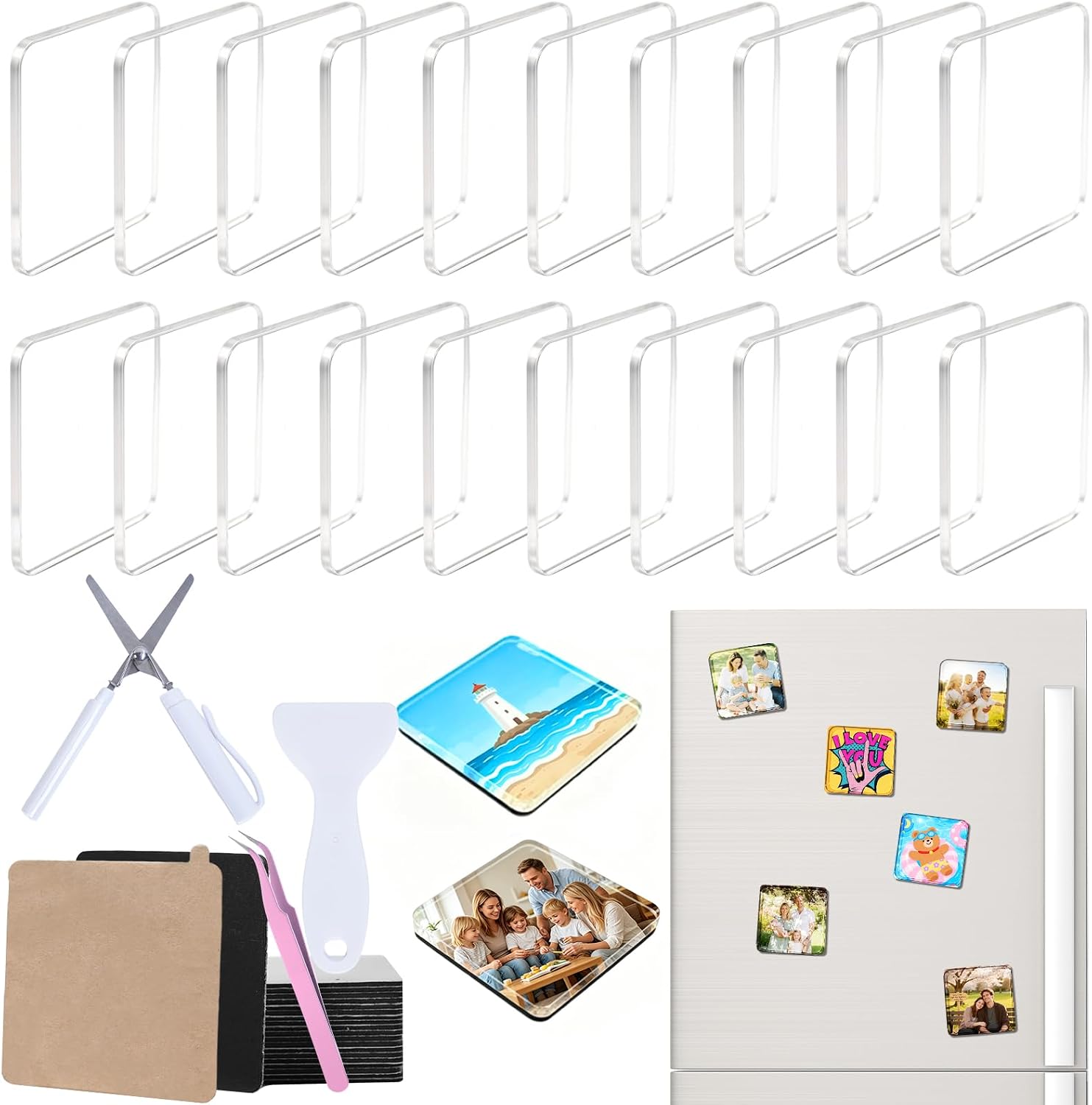 Aldernest 20 Pack 2"x2"x0.2" Clear Acrylic DIY Fridge Magnet Craft Set