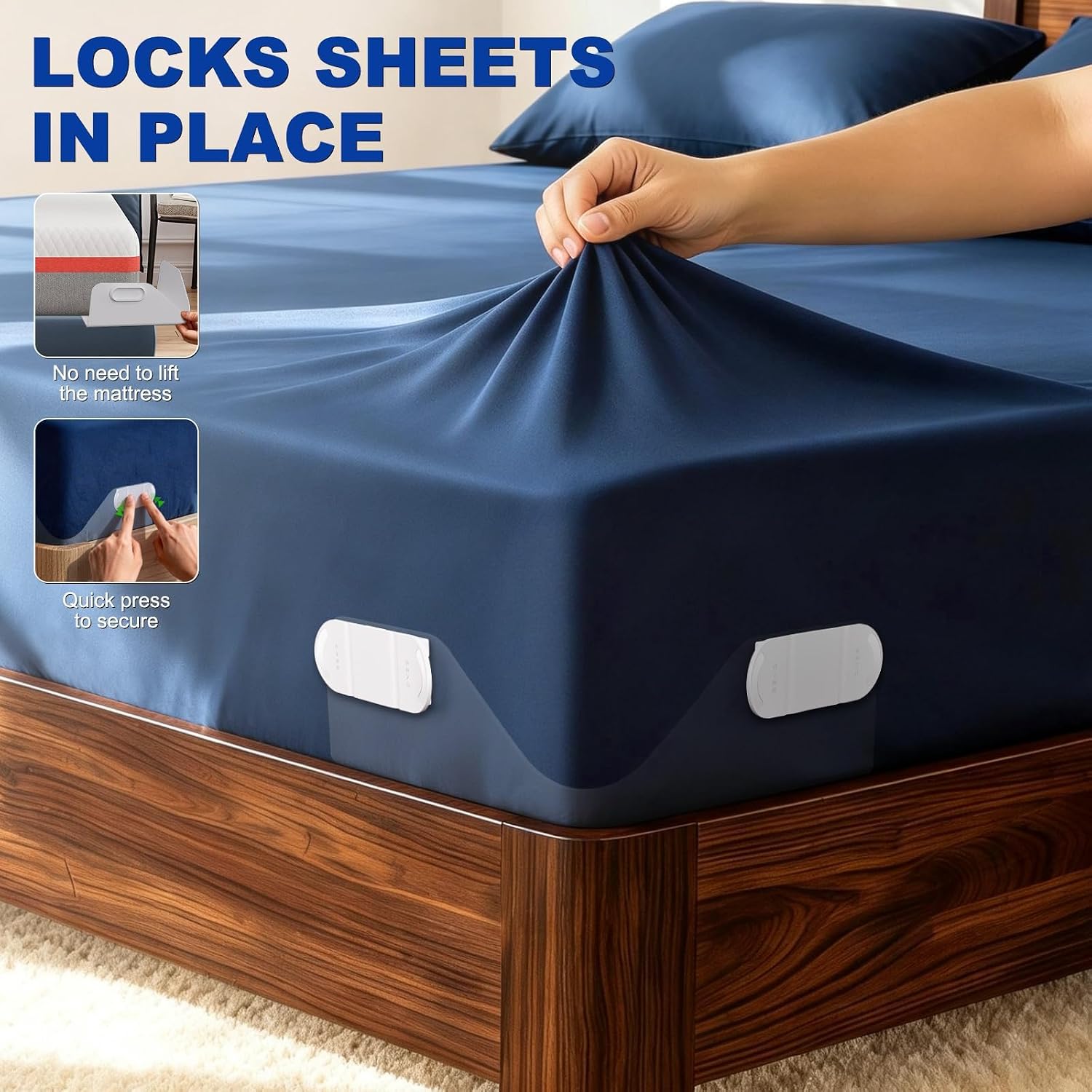 Ashenby Bed Sheet Holders for Corners:4 Pack Non-Stretch External Clips- Fitted Sheet Grippers for Deep Pockets- No-Lift for Dorm & RV Beds