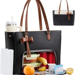 DomiCasa Work Tote Bag with Lunch Compartment, Black-White-Brown